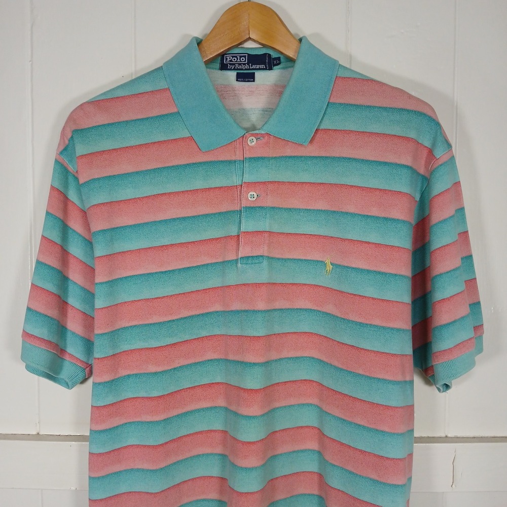 Polo Ralph Lauren Polo Shirt Mens XL Teal Pink Striped Pique Short Sleeve Pony